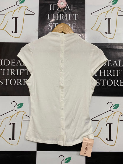 SHEIN |S| BUST 15| A57| OFF-WHITE MOCK-NECK BUTTON-BACK TECHNICAL UTILITY TOP