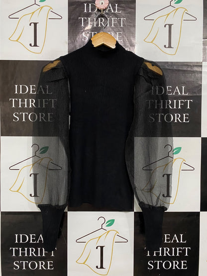 DECJUBA |S| BUST 12| A57| BLACK MOCK-NECK SHEER-SLEEVE TECHNICAL UTILITY SWEATER