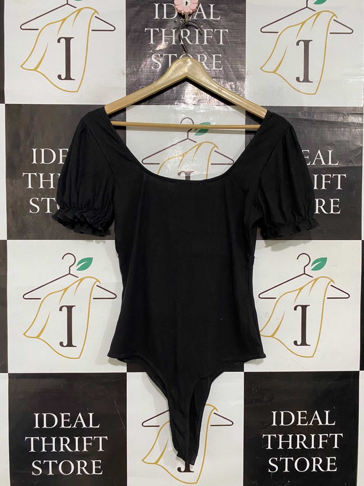ATMOS & HERE| S| BUST 16| A57| BLACK SQUARE-NECK PUFF-SLEEVE TECHNICAL UTILITY BODYSUIT