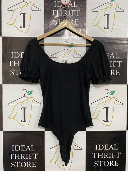 ATMOS & HERE| S| BUST 16| A57| BLACK SQUARE-NECK PUFF-SLEEVE TECHNICAL UTILITY BODYSUIT