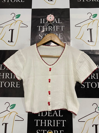 |XS| BUST 15| A57| OFF-WHITE AND RED CONTRAST-TRIM TECHNICAL UTILITY CROP CARDIGAN