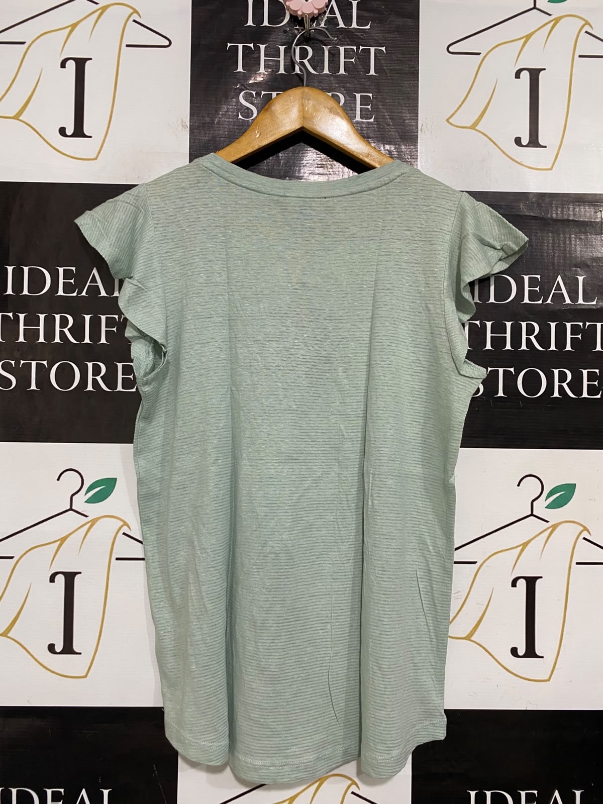 PETITES |M| BUST 18| A57| SAGE GREEN V-NECK RUFFLE-SLEEVE TECHNICAL UTILITY TOP