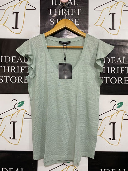 PETITES |M| BUST 18| A57| SAGE GREEN V-NECK RUFFLE-SLEEVE TECHNICAL UTILITY TOP