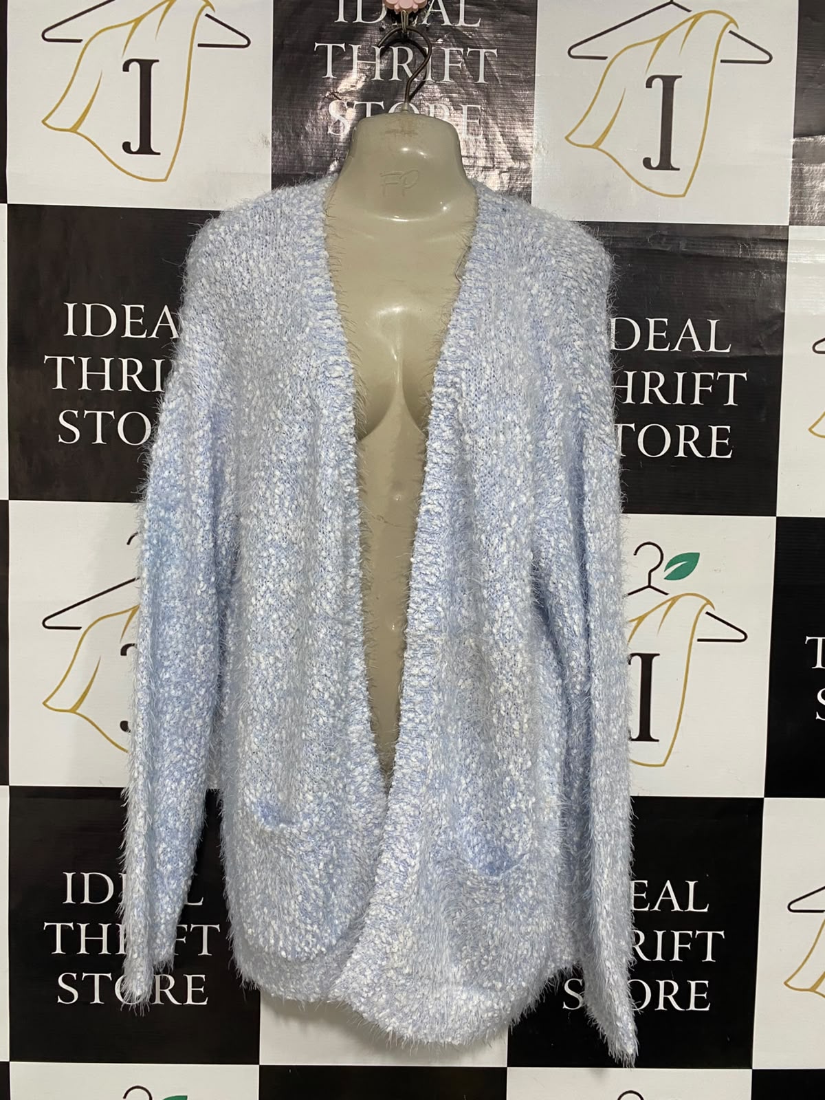 EMERSON |XL| BUST 23| A57| LIGHT BLUE AND WHITE FLUFFY-KNIT OPEN-FRONT TECHNICAL UTILITY CARDIGAN
