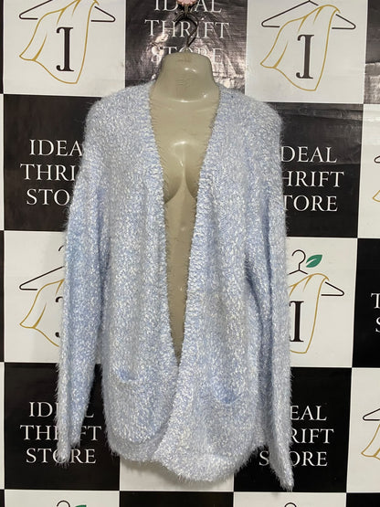 EMERSON |XL| BUST 23| A57| LIGHT BLUE AND WHITE FLUFFY-KNIT OPEN-FRONT TECHNICAL UTILITY CARDIGAN
