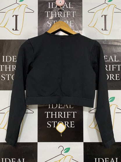 ANKO |S| BUST 16| A57| BLACK CUTOUT RUFFLED LONG-SLEEVE TECHNICAL UTILITY CROP TOP
