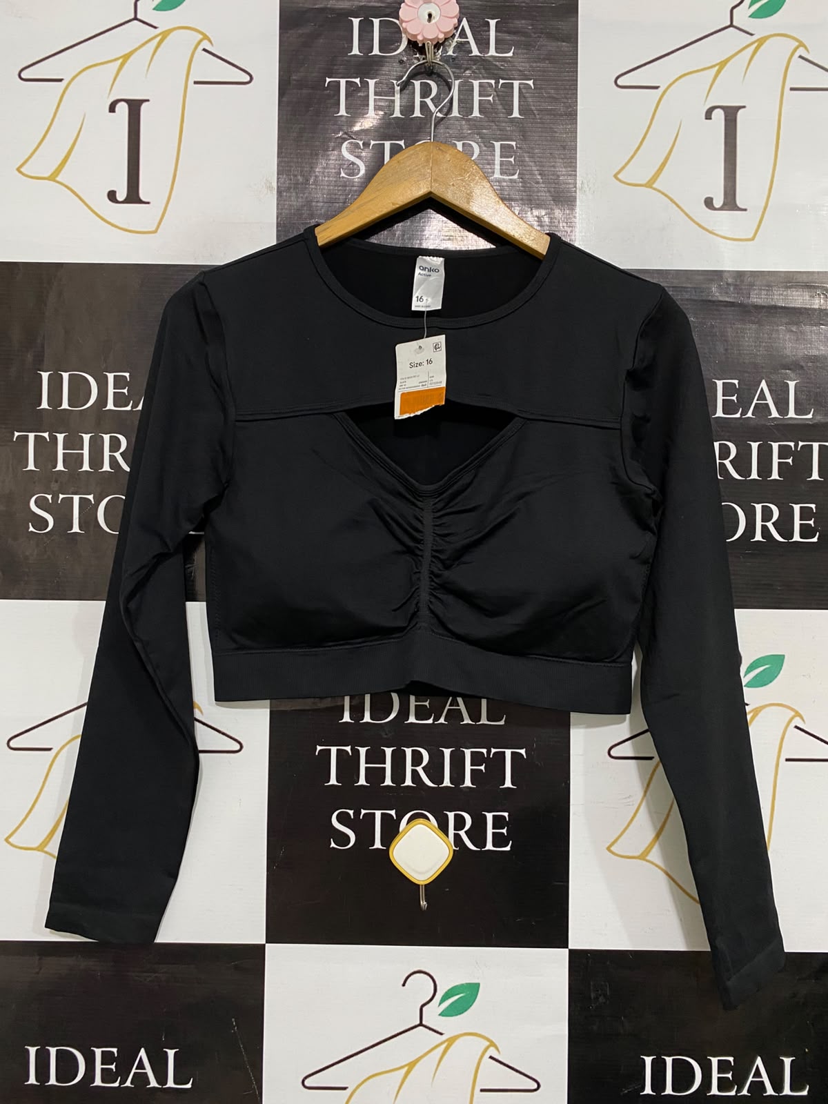 ANKO |S| BUST 16| A57| BLACK CUTOUT RUFFLED LONG-SLEEVE TECHNICAL UTILITY CROP TOP