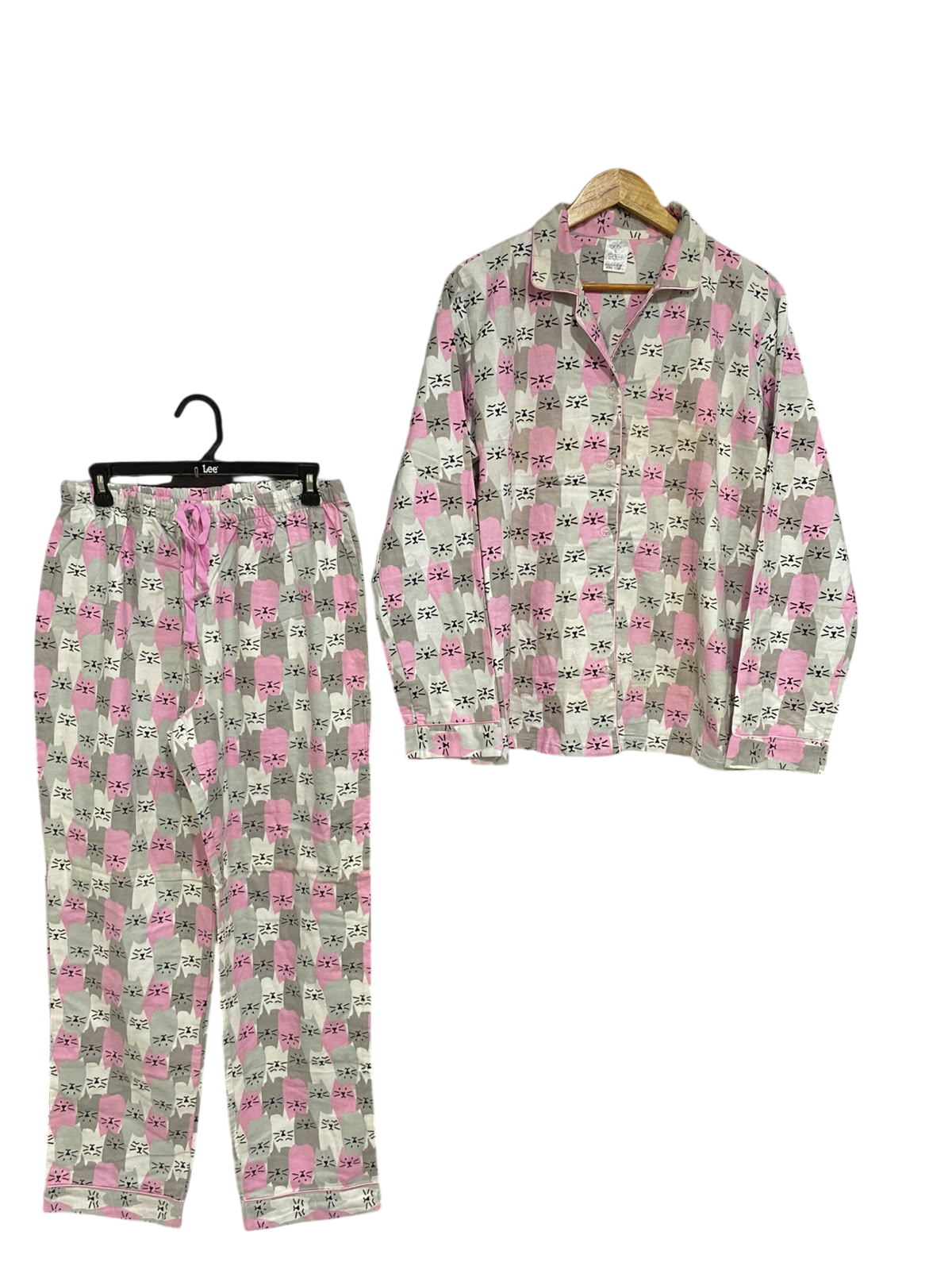 FOR HER |L| A58| PINK & GREY CAT-PRINT TECHNICAL UTILITY PAJAMA SET