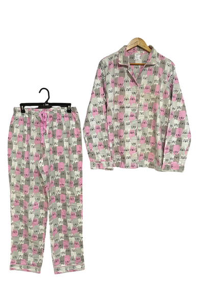 FOR HER |L| A58| PINK & GREY CAT-PRINT TECHNICAL UTILITY PAJAMA SET