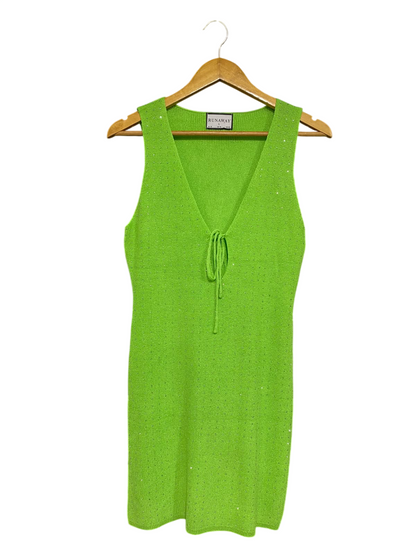 RUNWAY |L| BUST 15| A58| LIME GREEN V-NECK TIE-FRONT TECHNICAL UTILITY MINI DRESS