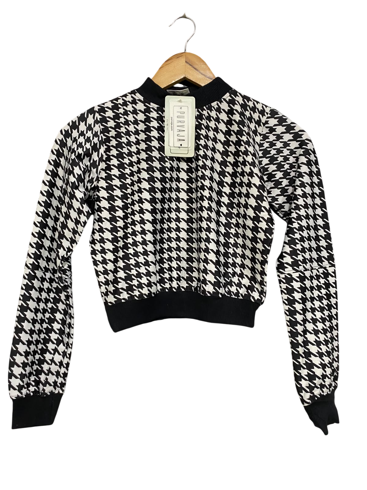 PURVAJA |S| BUST 16| A58| BLACK & WHITE HOUNDSTOOTH TECHNICAL UTILITY CROPPED SWEATSHIRT