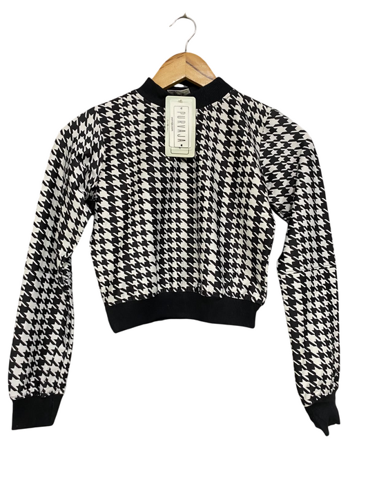 PURVAJA |S| BUST 16| A58| BLACK & WHITE HOUNDSTOOTH TECHNICAL UTILITY CROPPED SWEATSHIRT
