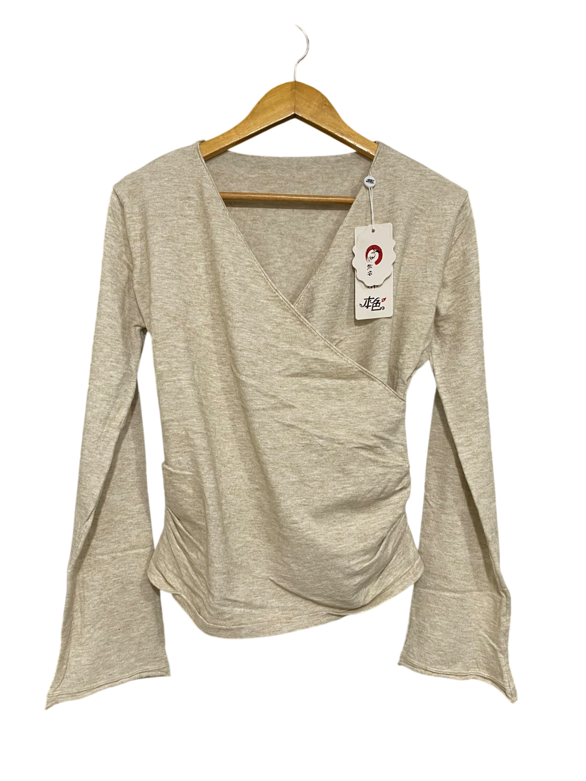 |S| BUST 17| A58| OATMEAL WRAP-FRONT FLARED-SLEEVE TECHNICAL UTILITY TOP