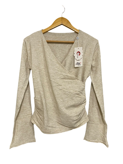 |S| BUST 17| A58| OATMEAL WRAP-FRONT FLARED-SLEEVE TECHNICAL UTILITY TOP