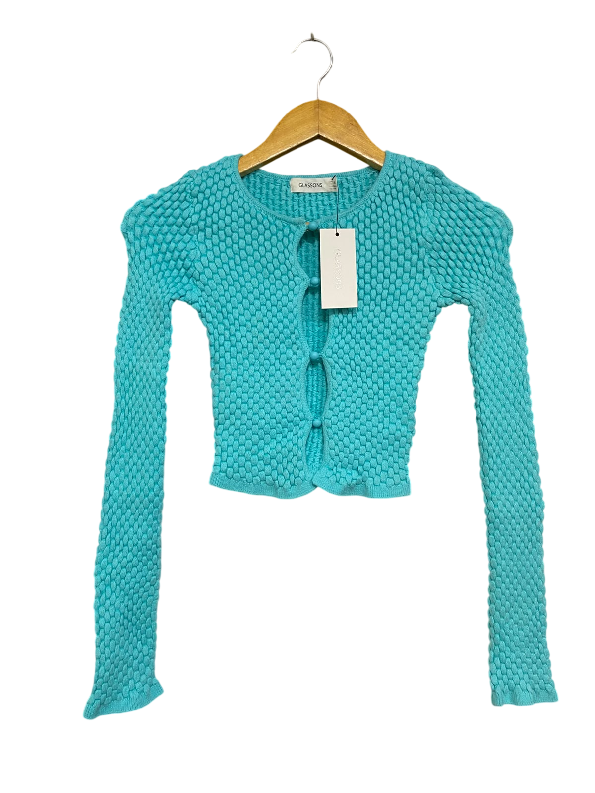 GLASSONS |XS| BUST 11| A58| TURQUOISE TEXTURED BUTTON-FRONT TECHNICAL UTILITY CROPPED CARDIGAN