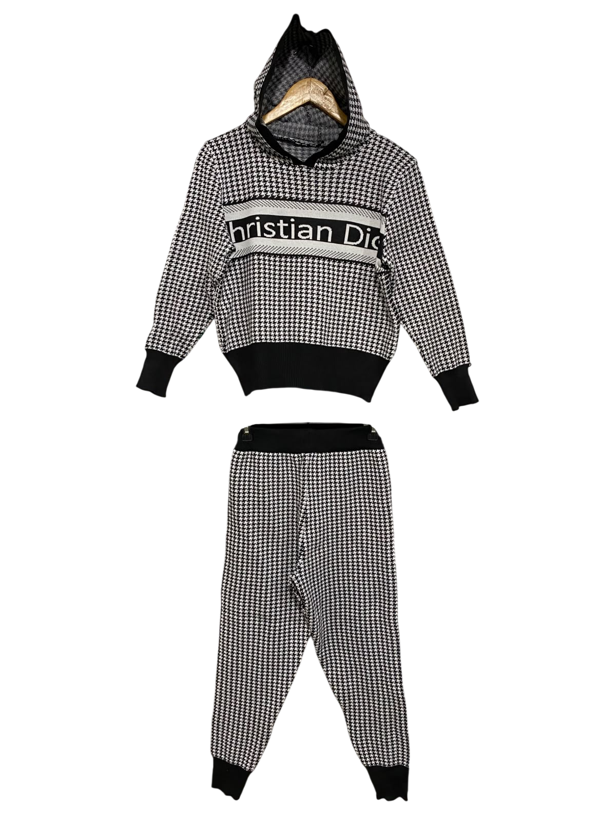 |XS| A58| BLACK & WHITE HOUNDSTOOTH BRANDED HOODED TECHNICAL UTILITY KNIT SET