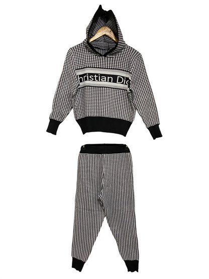 |XS| A58| BLACK & WHITE HOUNDSTOOTH BRANDED HOODED TECHNICAL UTILITY KNIT SET