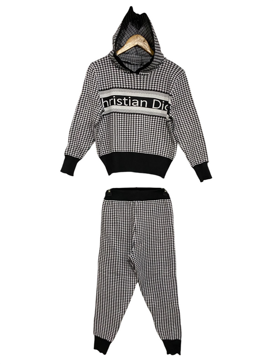 |XS| A58| BLACK & WHITE HOUNDSTOOTH BRANDED HOODED TECHNICAL UTILITY KNIT SET