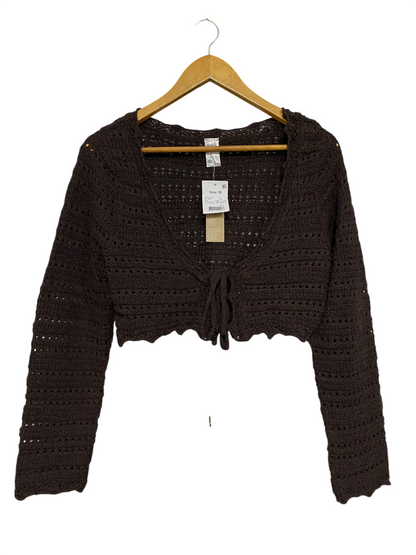 ANKO |M| BUST 19| A59| BROWN CROCHET TIE-FRONT TECHNICAL UTILITY CROPPED CARDIGAN