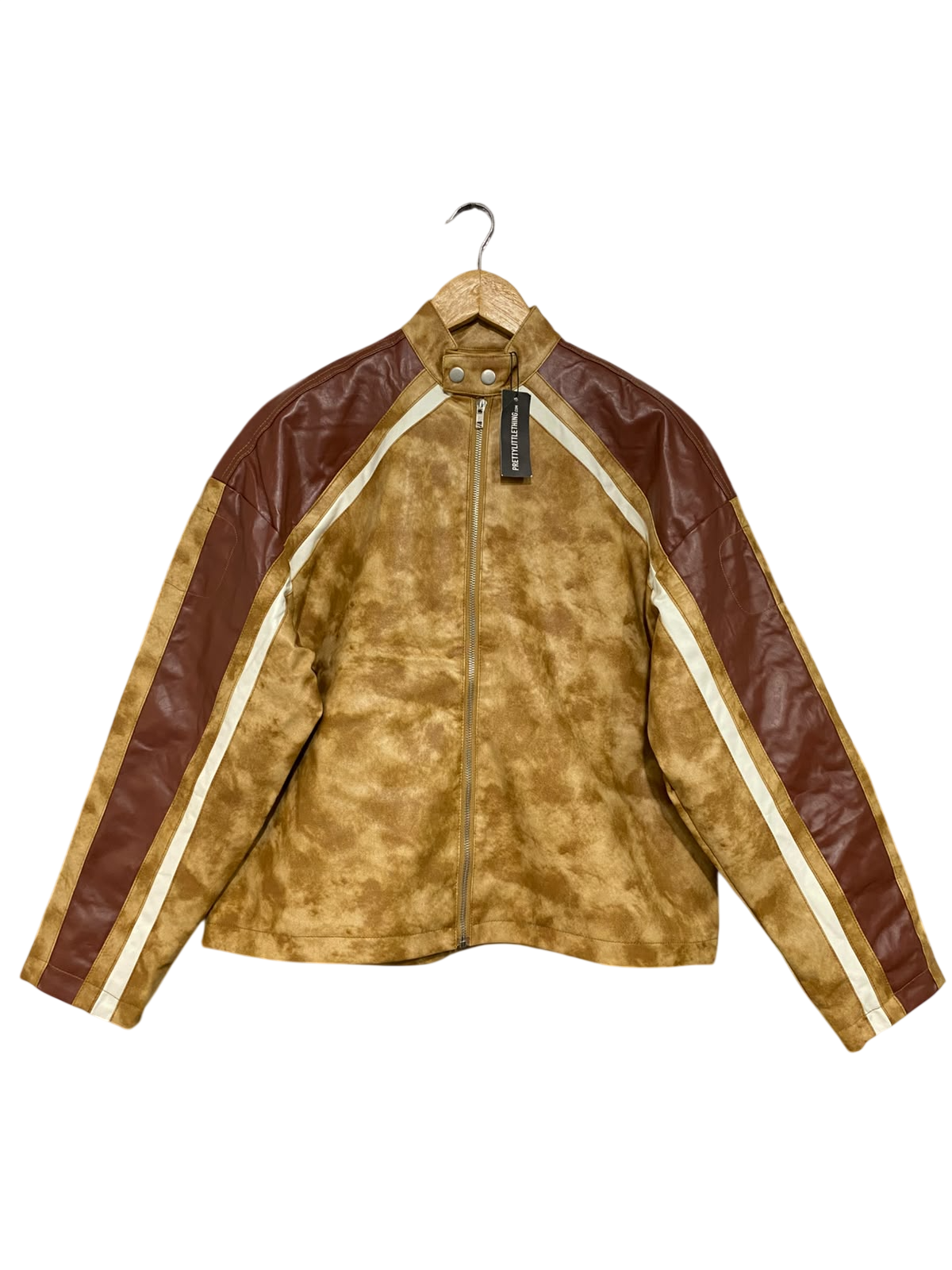PRETTYLITTLE THING |S| BUST 22| A59| BROWN & CAMEL RACER TECHNICAL UTILITY LEATHER JACKET