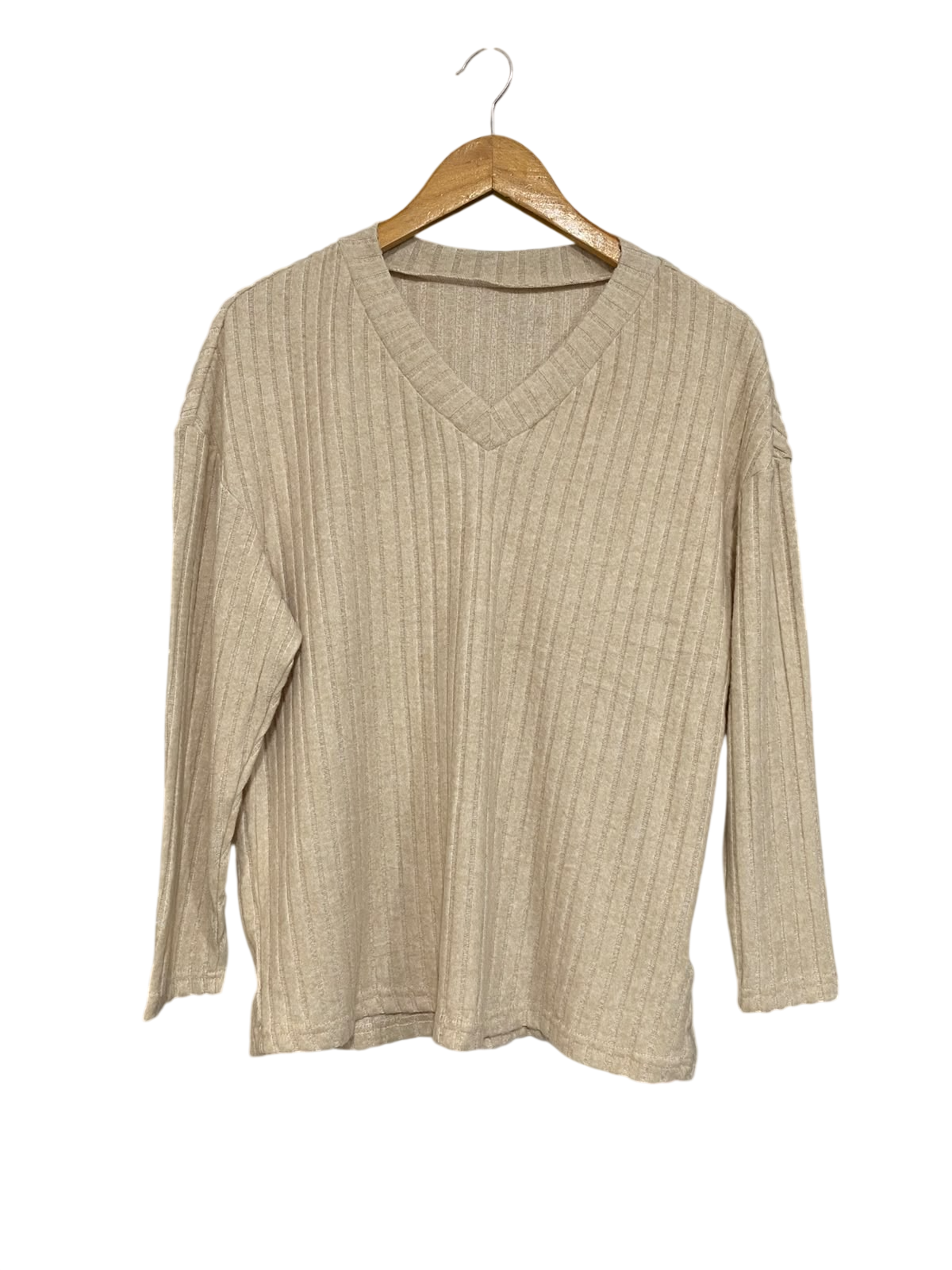 SHEIN |XS| BUST 21| A59| BEIGE V-NECK RIBBED TECHNICAL UTILITY LONG-SLEEVE TOP