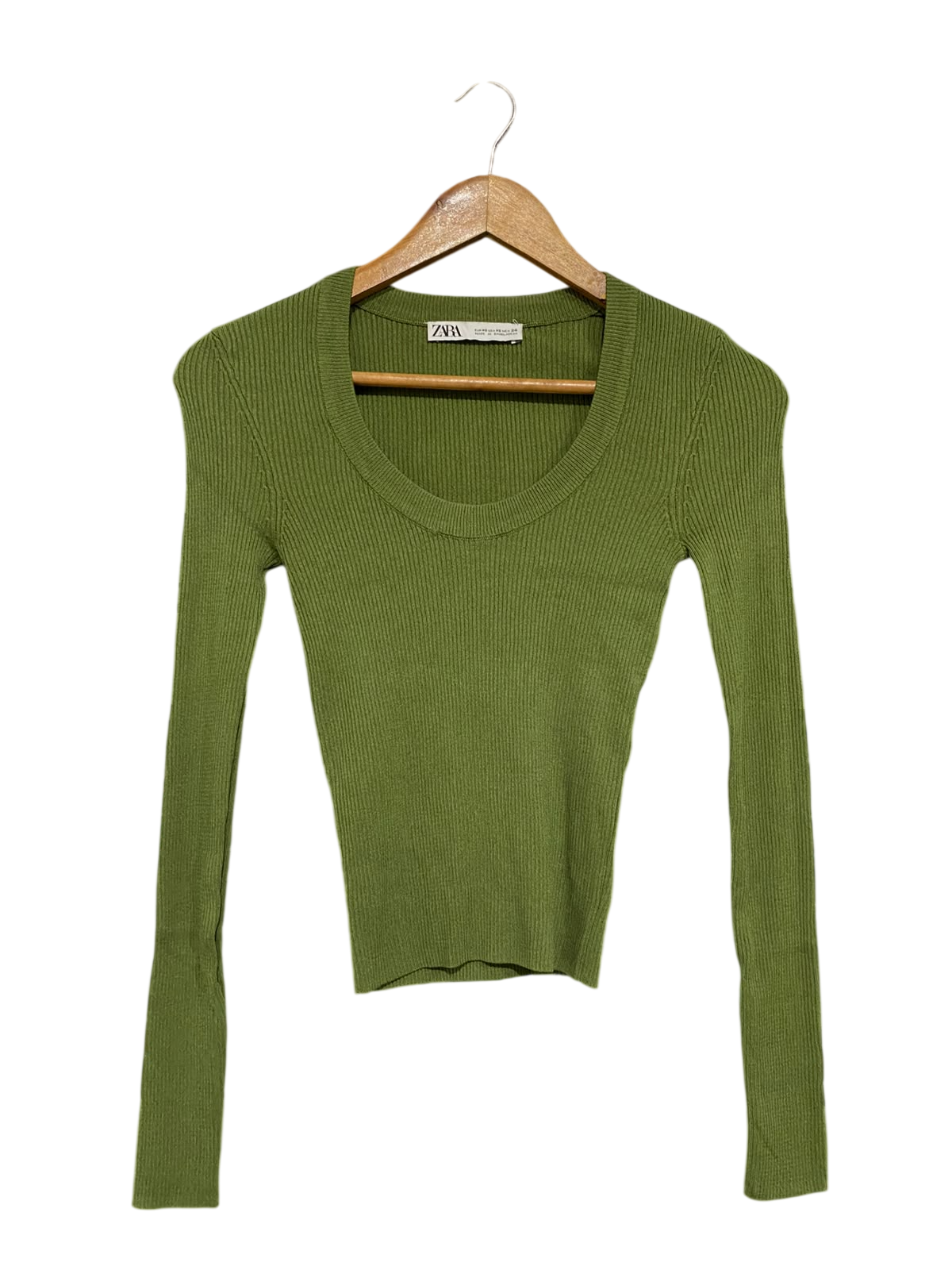 ZARA |XS| BUST 12| A59| OLIVE GREEN SCOOP-NECK TECHNICAL UTILITY LONG-SLEEVE TOP