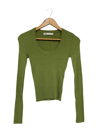 ZARA |XS| BUST 12| A59| OLIVE GREEN SCOOP-NECK TECHNICAL UTILITY LONG-SLEEVE TOP