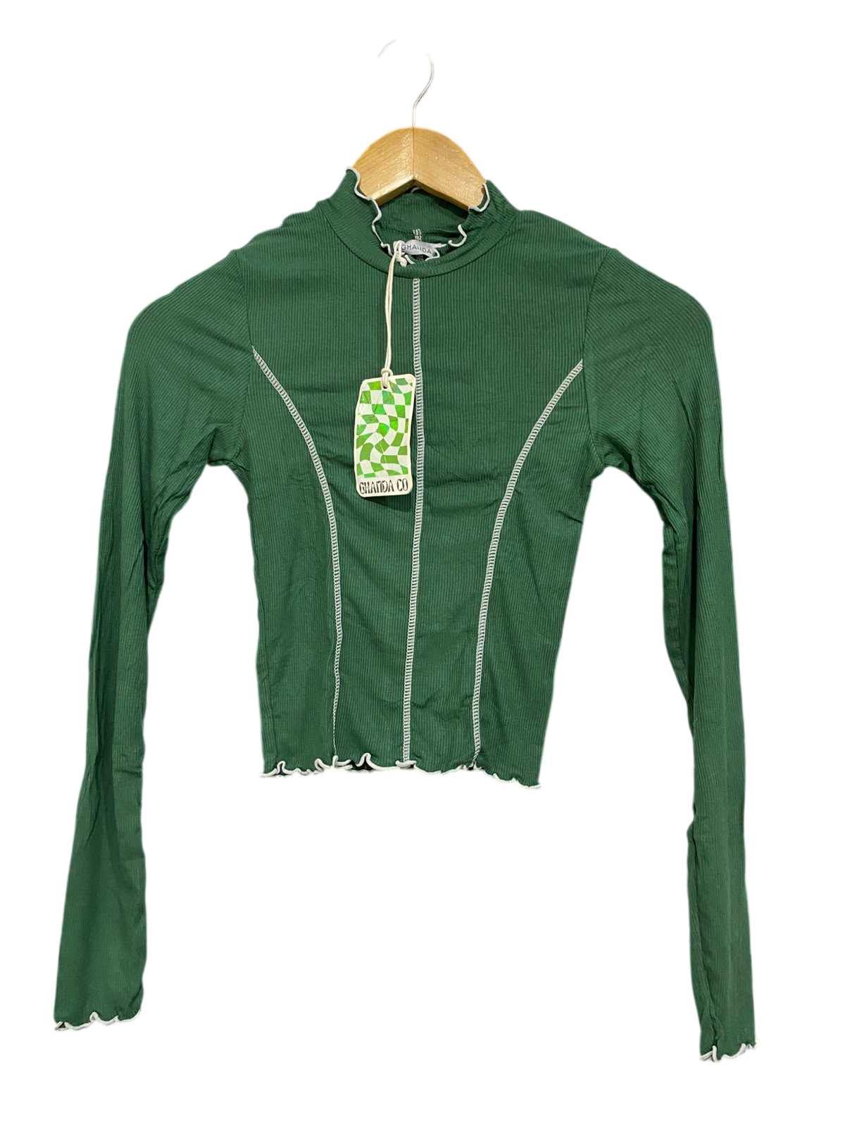 GHANDA |XS| BUST 12| A59| GREEN CONTRAST-STITCH MOCK-NECK TECHNICAL UTILITY CROP TOP