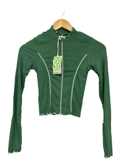 GHANDA |XS| BUST 12| A59| GREEN CONTRAST-STITCH MOCK-NECK TECHNICAL UTILITY CROP TOP