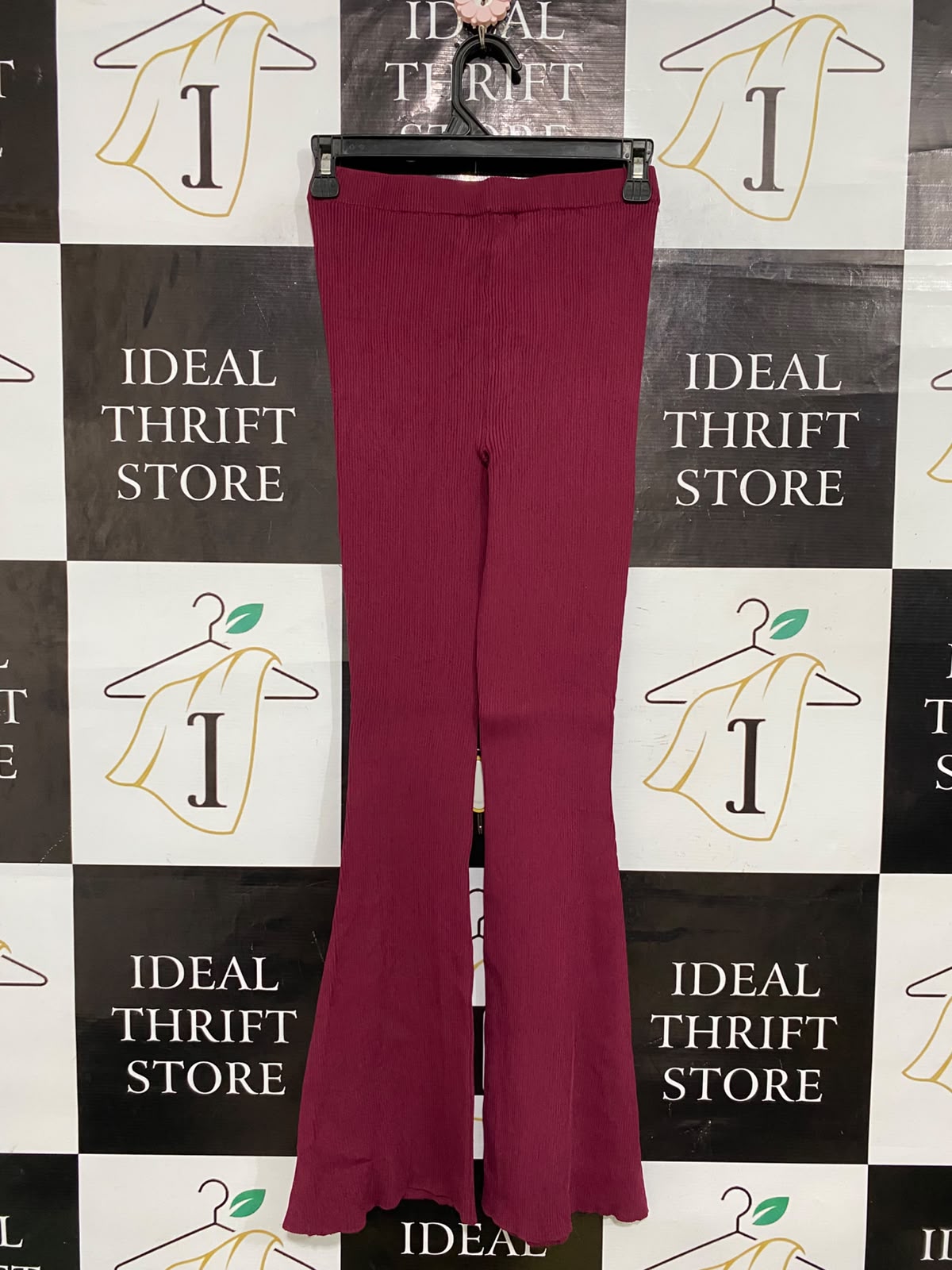 GLASSONS |S| WAIST 24| A59| BURGUNDY RIBBED SPLIT-HEM TECHNICAL UTILITY FLARED PANTS