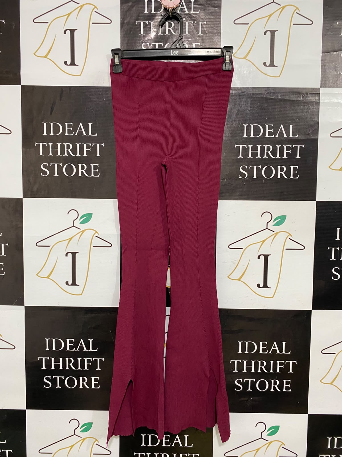 GLASSONS |S| WAIST 24| A59| BURGUNDY RIBBED SPLIT-HEM TECHNICAL UTILITY FLARED PANTS
