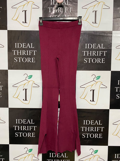 GLASSONS |S| WAIST 24| A59| BURGUNDY RIBBED SPLIT-HEM TECHNICAL UTILITY FLARED PANTS