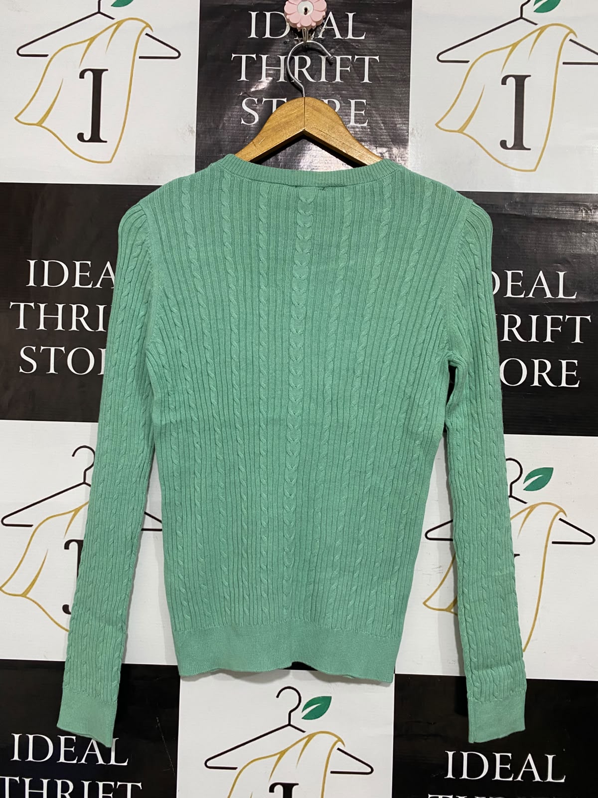 DOTTI |S| BUST 16| A59| MINT GREEN CABLE-KNIT TECHNICAL UTILITY LONG-SLEEVE TOP