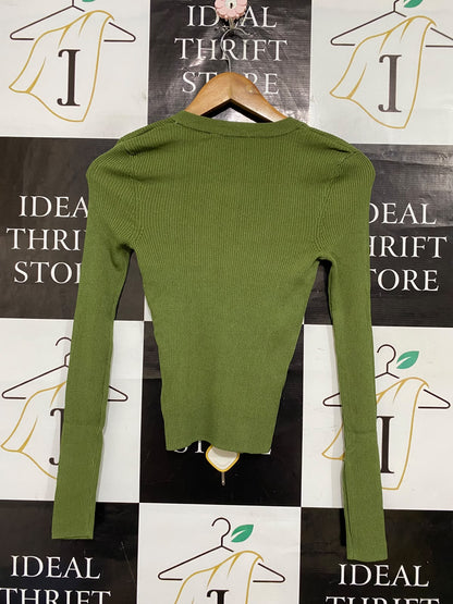 ZARA |XS| BUST 12| A59| OLIVE GREEN SCOOP-NECK TECHNICAL UTILITY LONG-SLEEVE TOP