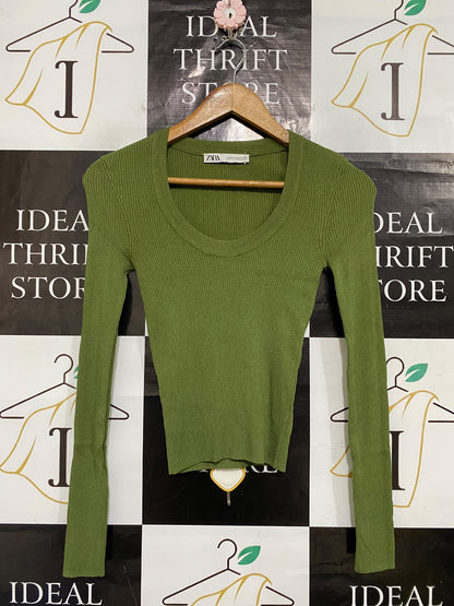 ZARA |XS| BUST 12| A59| OLIVE GREEN SCOOP-NECK TECHNICAL UTILITY LONG-SLEEVE TOP
