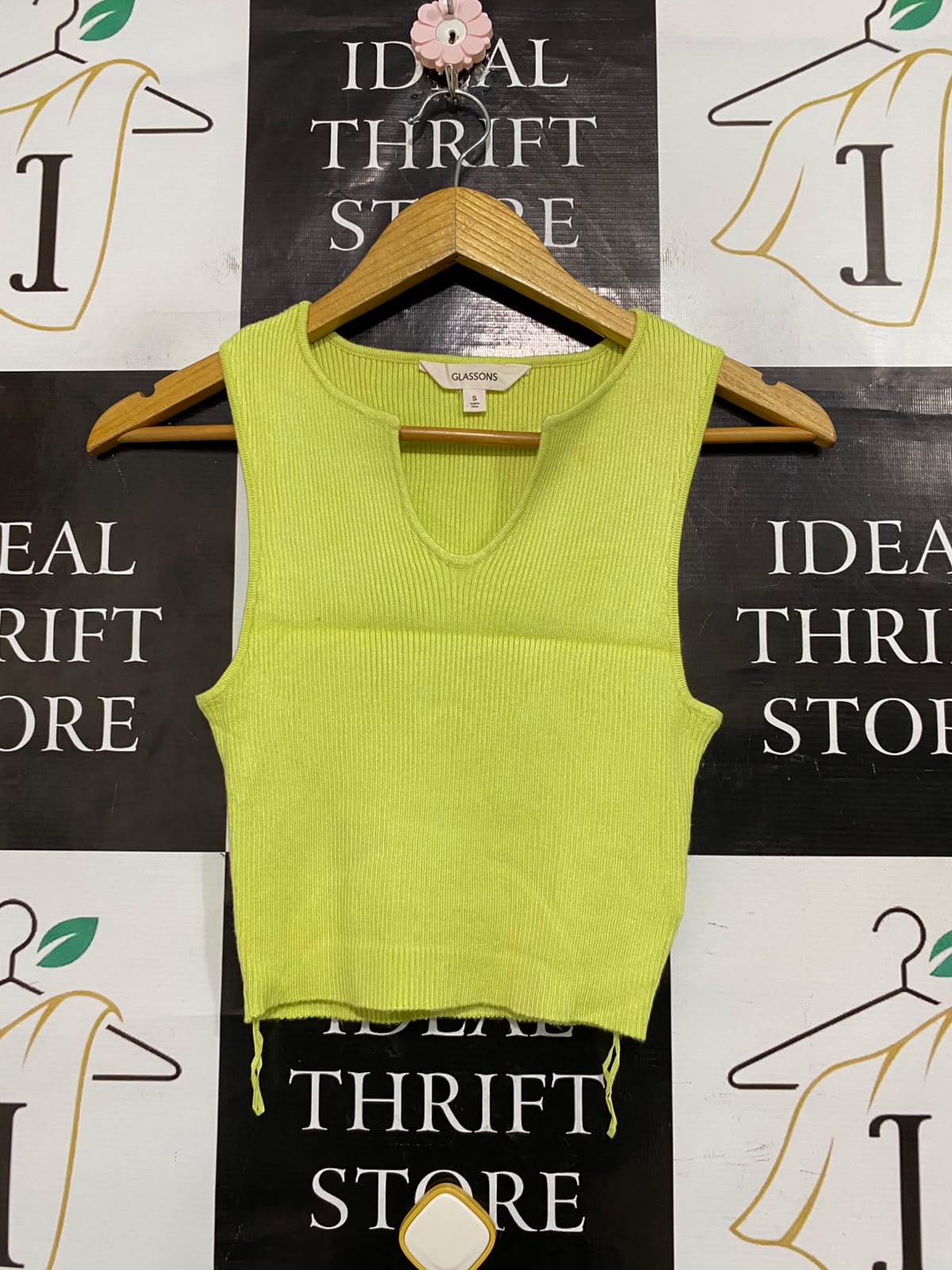 GLASSONS |S| BUST 12| A59| LIME GREEN V-NECK RIBBED TECHNICAL UTILITY CROP TOP
