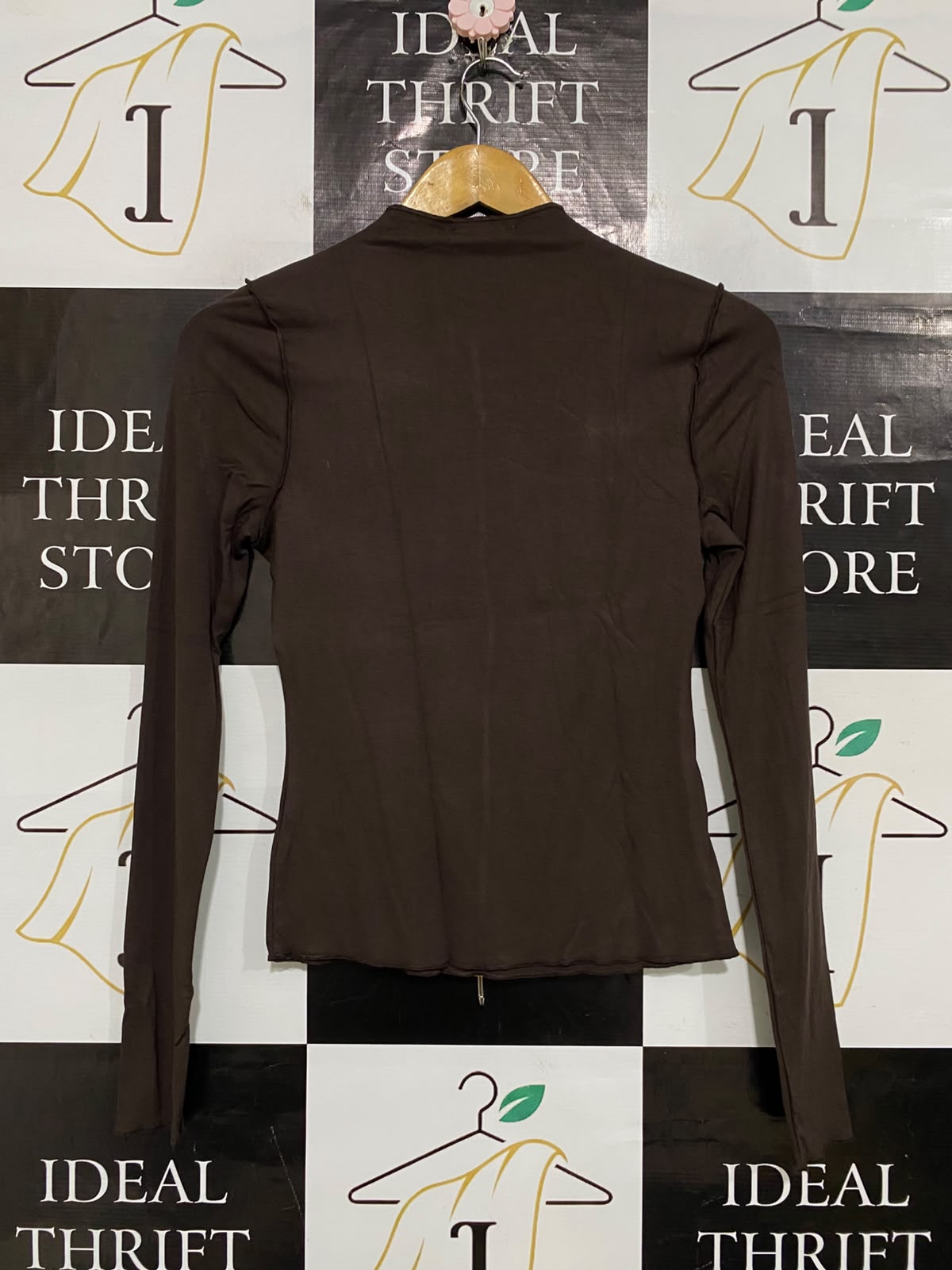 D LUXE |XS| BUST 15| A59| BROWN EXPOSED-SEAM TECHNICAL UTILITY LONG-SLEEVE TOP