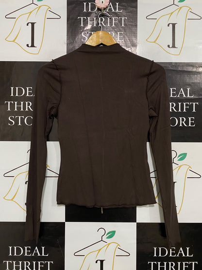 D LUXE |XS| BUST 15| A59| BROWN EXPOSED-SEAM TECHNICAL UTILITY LONG-SLEEVE TOP