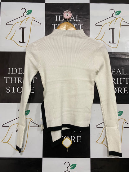 COMMENSE |S| BUST 14| A59| WHITE & BLACK ASYMMETRIC MOCK-NECK TECHNICAL UTILITY LONG-SLEEVE TOP