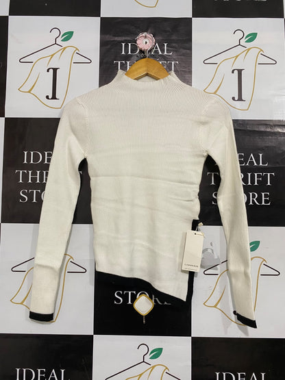 COMMENSE |S| BUST 14| A59| WHITE & BLACK ASYMMETRIC MOCK-NECK TECHNICAL UTILITY LONG-SLEEVE TOP