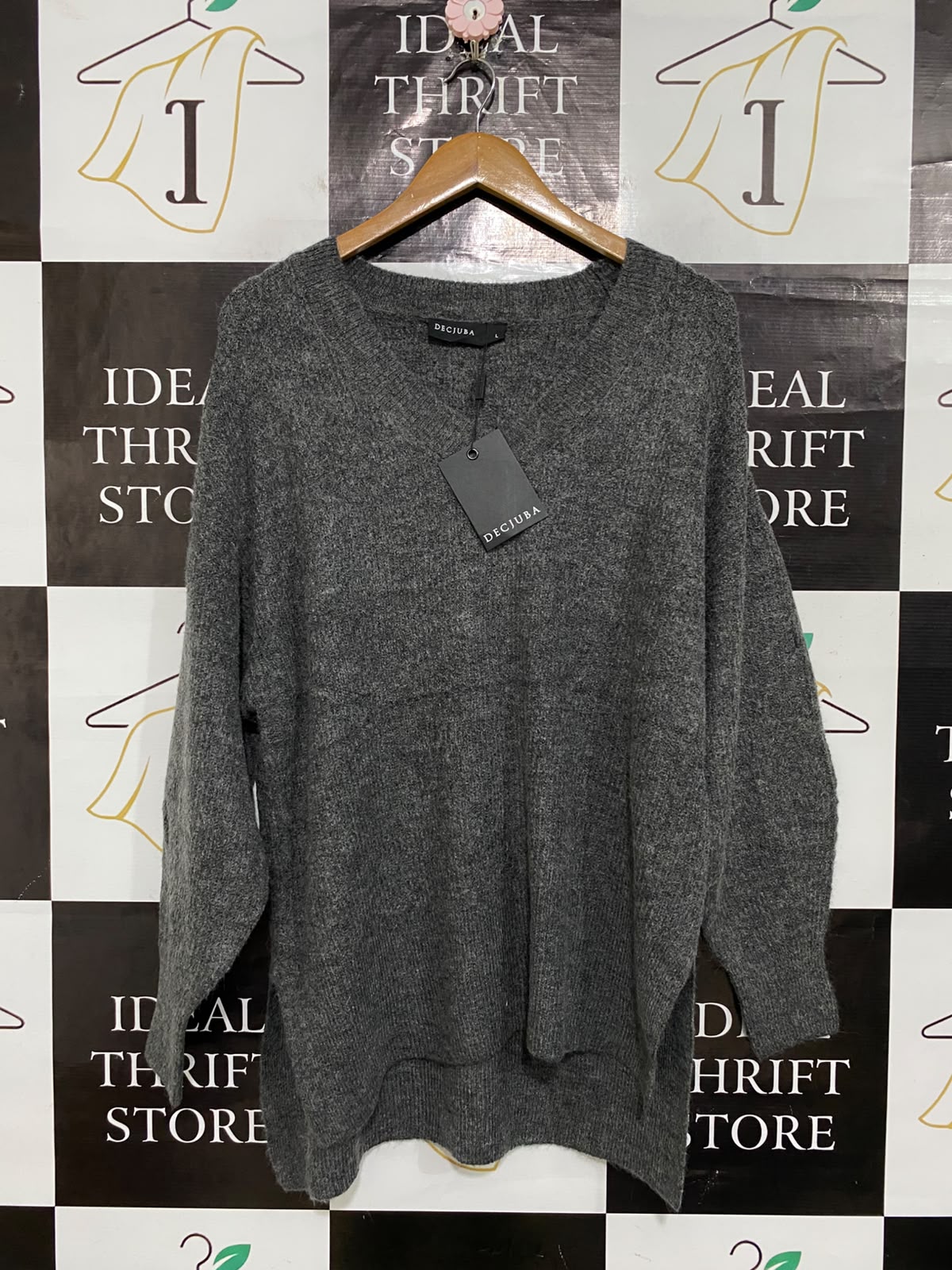 DECJUBA |L| BUST 23| A59| CHARCOAL GREY V-NECK TECHNICAL UTILITY OVERSIZED SWEATER