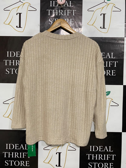 SHEIN |XS| BUST 21| A59| BEIGE V-NECK RIBBED TECHNICAL UTILITY LONG-SLEEVE TOP