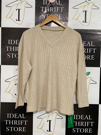SHEIN |XS| BUST 21| A59| BEIGE V-NECK RIBBED TECHNICAL UTILITY LONG-SLEEVE TOP