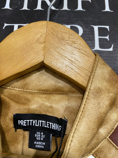 PRETTYLITTLE THING |S| BUST 22| A59| BROWN & CAMEL RACER TECHNICAL UTILITY LEATHER JACKET