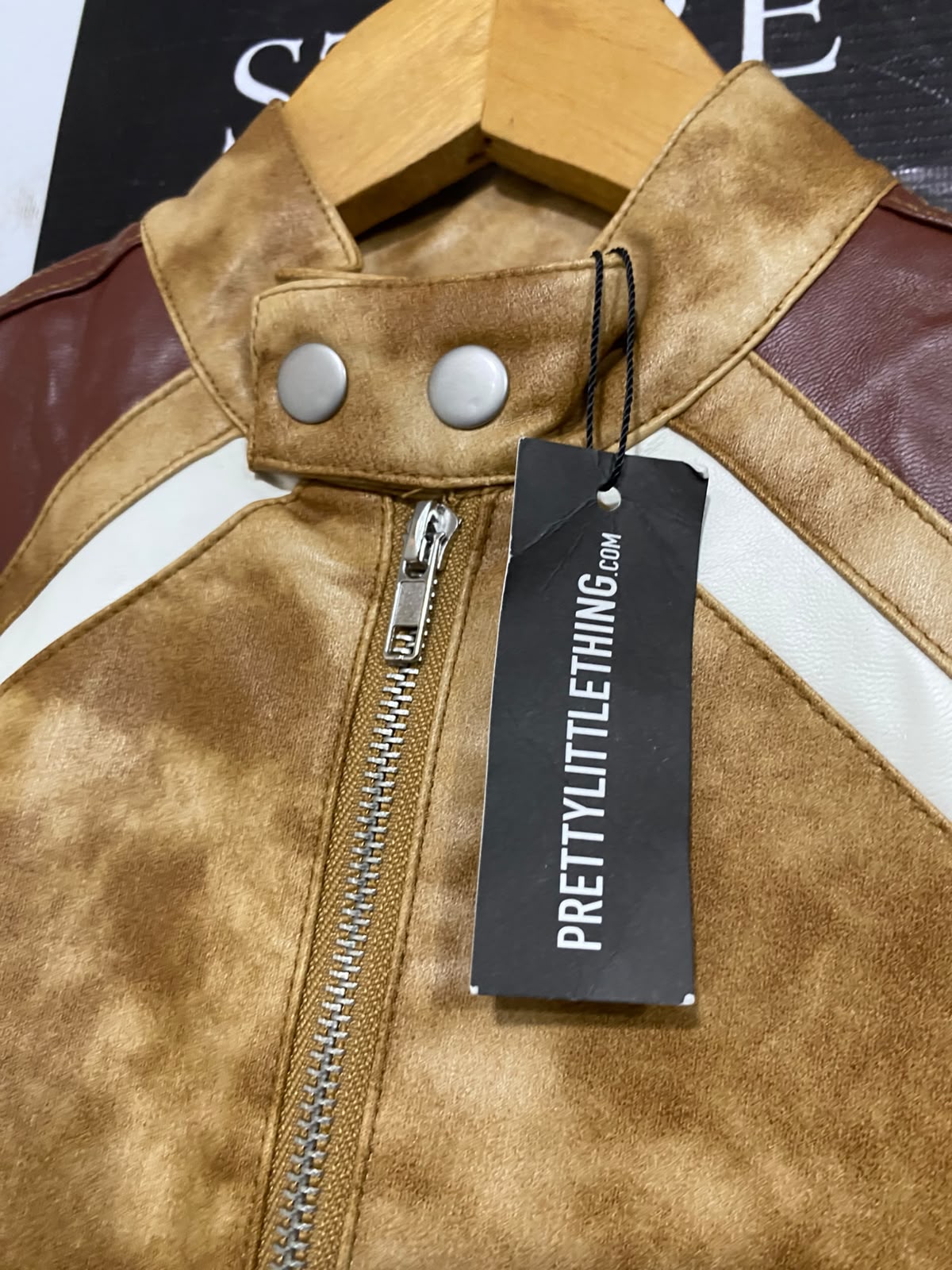 PRETTYLITTLE THING |S| BUST 22| A59| BROWN & CAMEL RACER TECHNICAL UTILITY LEATHER JACKET