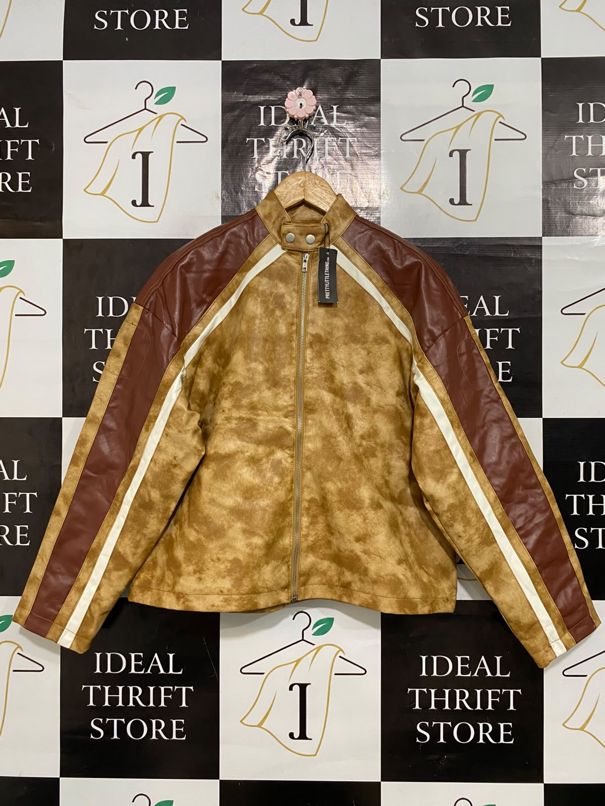 PRETTYLITTLE THING |S| BUST 22| A59| BROWN & CAMEL RACER TECHNICAL UTILITY LEATHER JACKET
