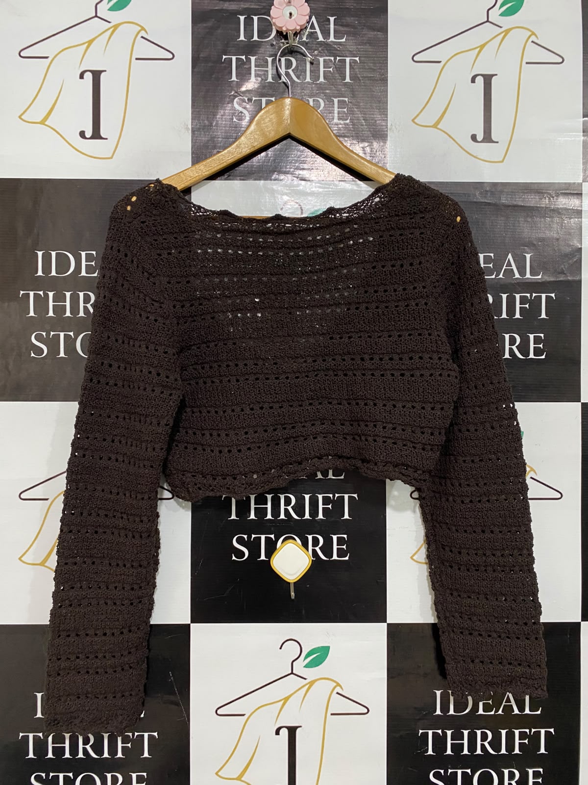 ANKO |M| BUST 19| A59| BROWN CROCHET TIE-FRONT TECHNICAL UTILITY CROPPED CARDIGAN