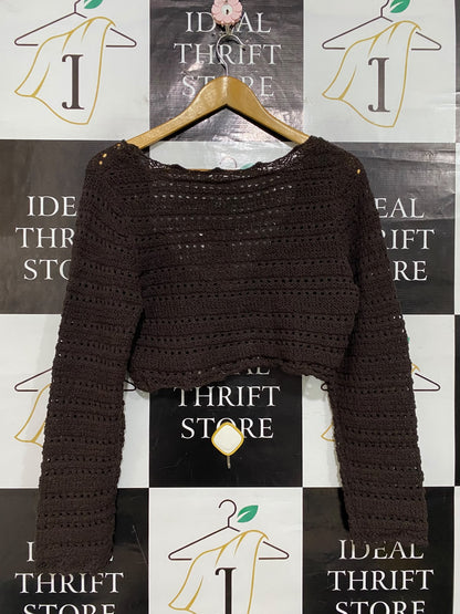 ANKO |M| BUST 19| A59| BROWN CROCHET TIE-FRONT TECHNICAL UTILITY CROPPED CARDIGAN