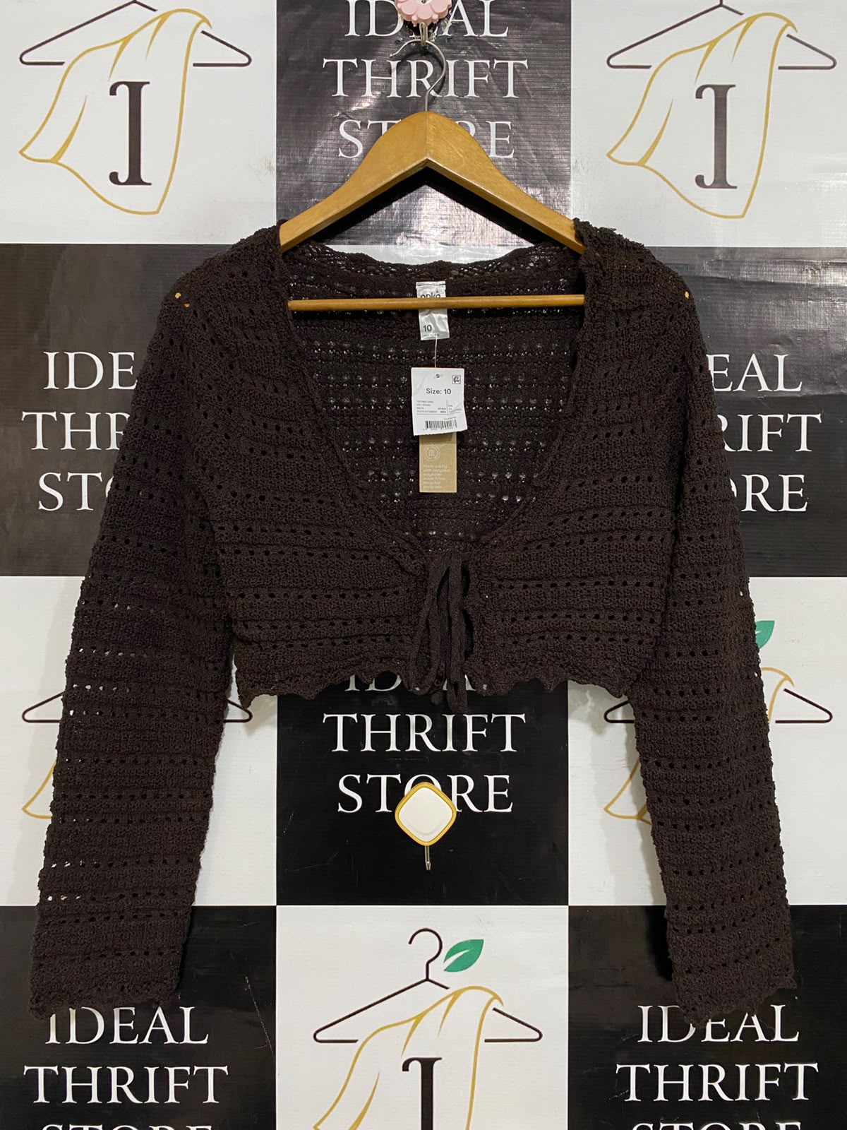 ANKO |M| BUST 19| A59| BROWN CROCHET TIE-FRONT TECHNICAL UTILITY CROPPED CARDIGAN