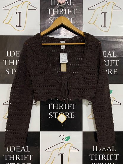 ANKO |M| BUST 19| A59| BROWN CROCHET TIE-FRONT TECHNICAL UTILITY CROPPED CARDIGAN